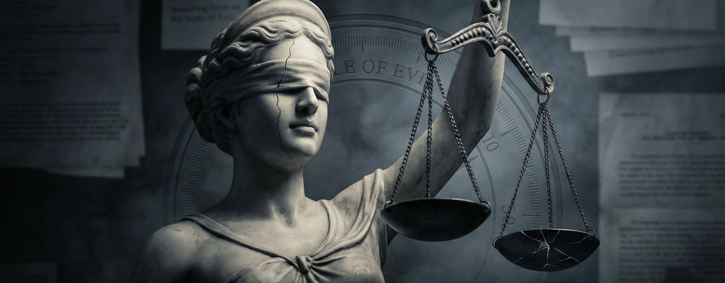 Blindfolded Lady Justice holding cracked scales