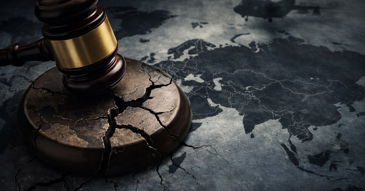 Gavel on a cracked world map with a helicopter shadow overhead, symbolizing international law breaking under power
